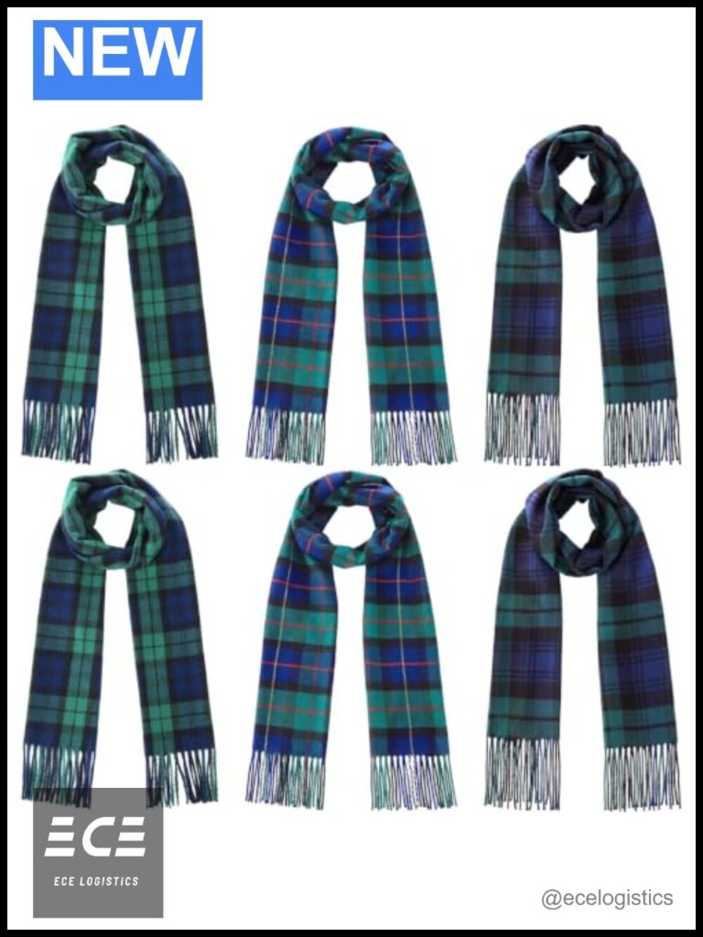 6 Pack Long Plaid Winter Scarves 100% Acrylic 75x13 Inch Women's Warm